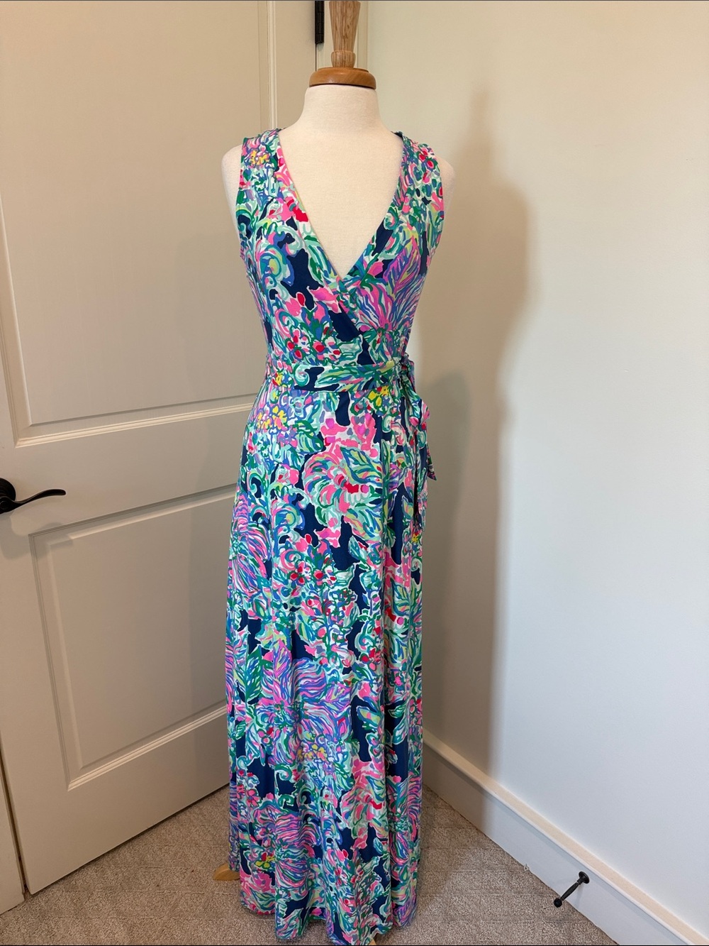 Lilly Pulitzer Navy Floral Sleeveless Wrap Maxi Dress